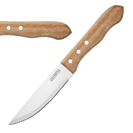 Olympia Jumbo Steak Knife Rosewood 255mm (12 Pack) (255(L)mm. Serrated Blade. Pack Quantity: 12. Material: 18/0 Stainless Steel and Acacia wood) • PAS-GG819