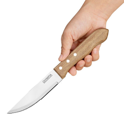 Olympia Jumbo Steak Knife Rosewood 255mm (12 Pack) (255(L)mm. Serrated Blade. Pack Quantity: 12. Material: 18/0 Stainless Steel and Acacia wood) • PAS-GG819