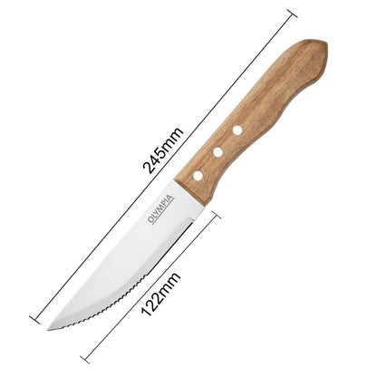 Olympia Jumbo Steak Knife Rosewood 255mm (12 Pack) (255(L)mm. Serrated Blade. Pack Quantity: 12. Material: 18/0 Stainless Steel and Acacia wood) • PAS-GG819