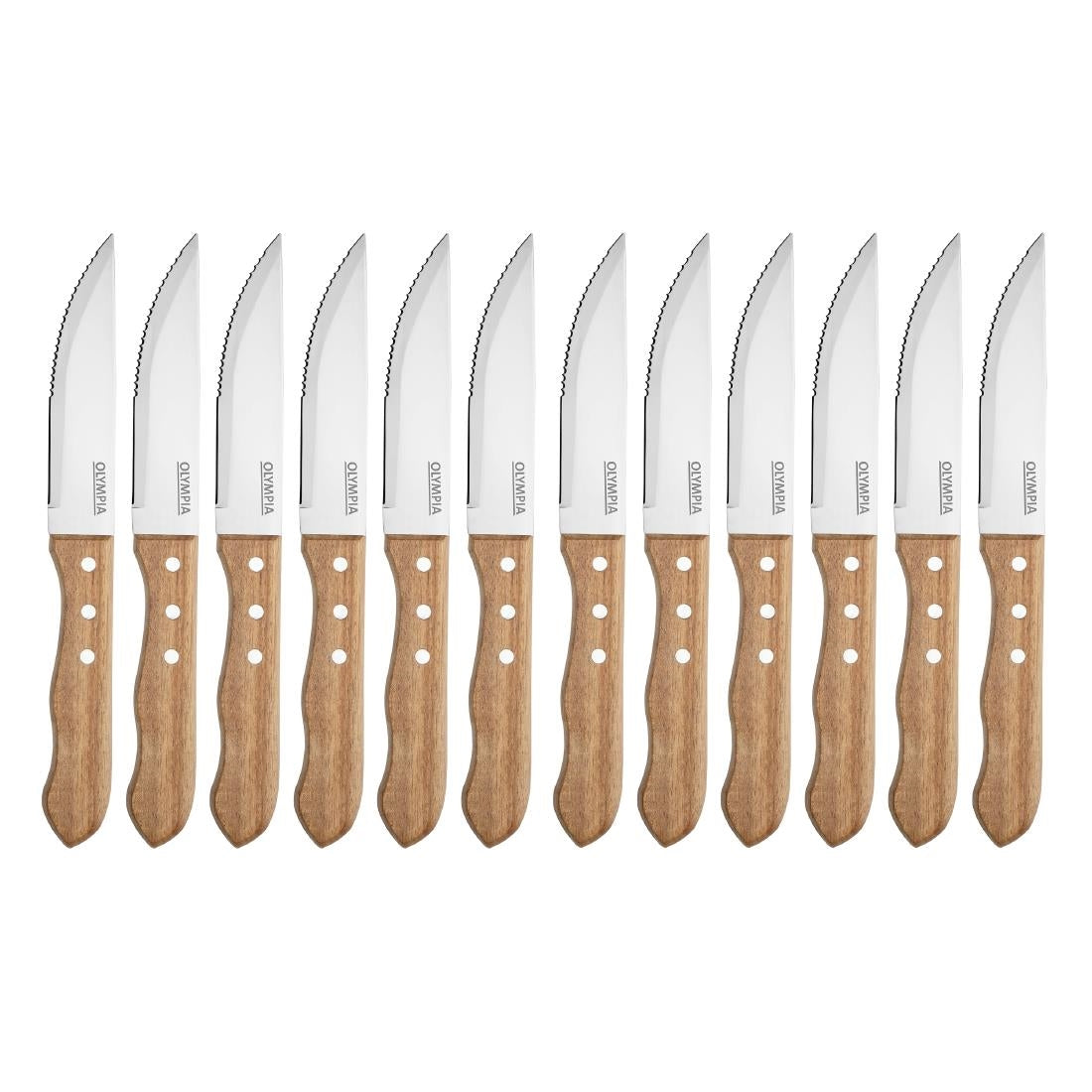 Olympia Jumbo Steak Knife Rosewood 255mm (12 Pack) (255(L)mm. Serrated Blade. Pack Quantity: 12. Material: 18/0 Stainless Steel and Acacia wood) • PAS-GG819