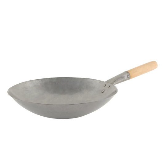 Chef Inox Steel Wok with Wooden Handle 355mm • PAS-GH694