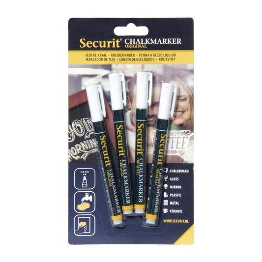 Securit 2mm Liquid Chalk Pens White (4 Pack) (Precision tip | White | Pack quantity: 4) • PAS-GJ551