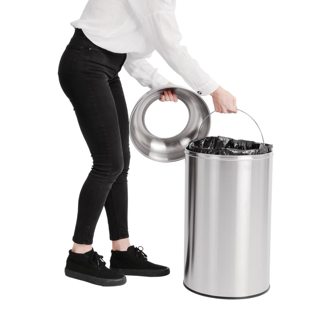 Bolero Bullet Bin with Open Top Lid Silver 40Ltr (Galvanised Inner Liner | Material: Stainless Steel & Powder Coated Steel | 640(H)x355(Ø)mm) • PAS-GK972