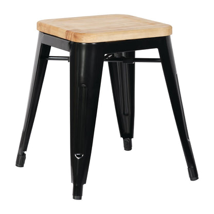 Bolero Bistro Metal Low Bar Stool with Wooden Seat Pad Black (4 Pack) • PAS-GM635