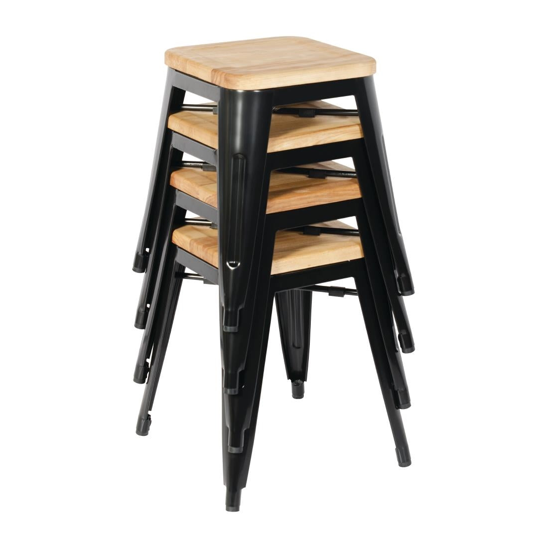 Bolero Bistro Metal Low Bar Stool with Wooden Seat Pad Black (4 Pack) • PAS-GM635