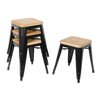 Bolero Bistro Metal Low Bar Stool with Wooden Seat Pad Black (4 Pack) • PAS-GM635