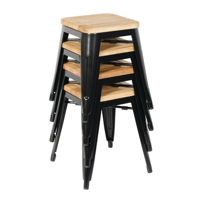 Bolero Bistro Metal Low Bar Stool with Wooden Seat Pad Black (Pack of 4) • PAS-GM635