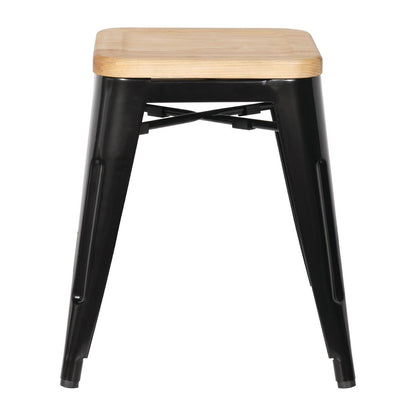 Bolero Bistro Metal Low Bar Stool with Wooden Seat Pad Black (4 Pack) • PAS-GM635