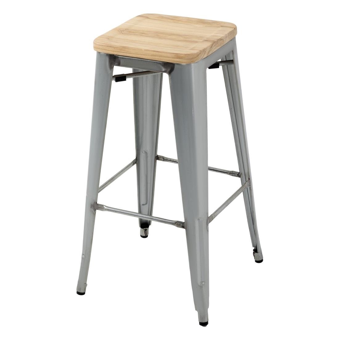 Bolero Bistro High Stools with Wooden Seat Pad Galvanised Steel (4 Pack) (Pack of 4) • PAS-GM638