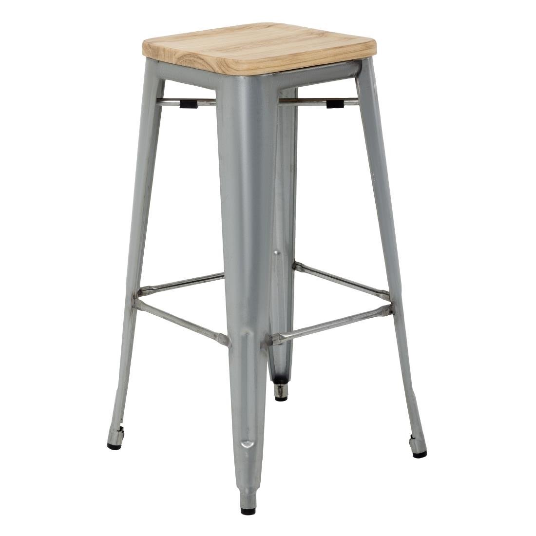 Bolero Bistro High Stools with Wooden Seat Pad Galvanised Steel (4 Pack) (Pack of 4) • PAS-GM638
