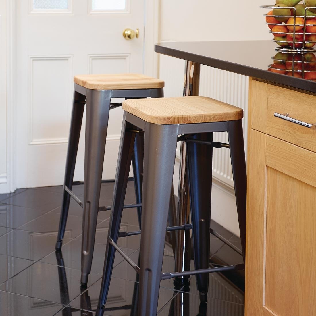 Bolero Bistro Metal High Bar Stool with Wooden Seat Pad Steel (Pack of 4) • PAS-GM639