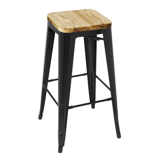 Bolero Bistro Metal High Bar Stool with Wooden Seat Pad Black (Pack of 4) • PAS-GM640