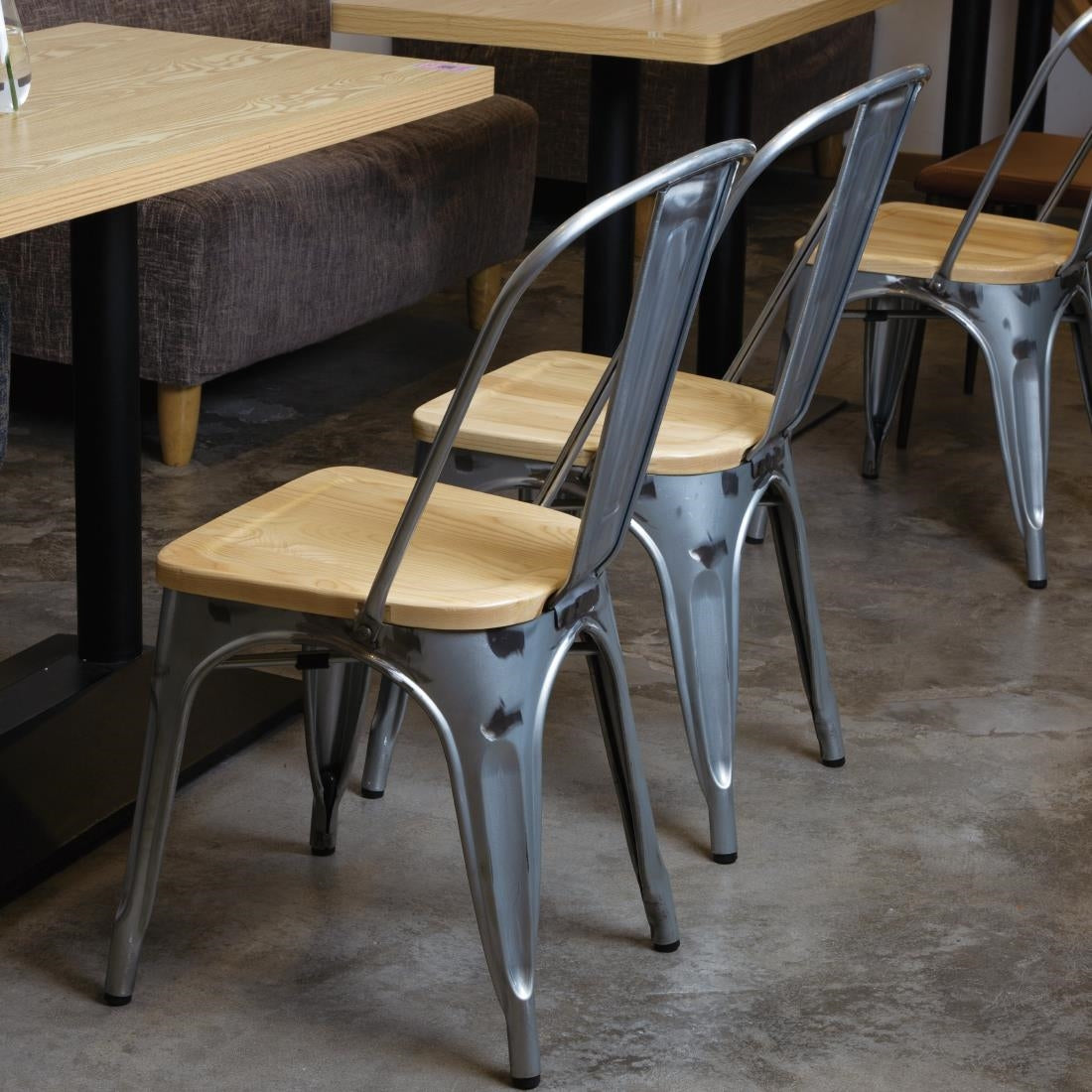 Bolero Bistro Side Chairs with Wooden Seat Pad Galvanised Steel (4 Pack) • PAS-GM642