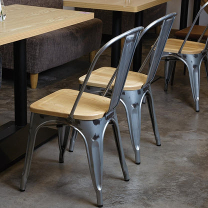 Bolero Bistro Side Chairs with Wooden Seat Pad Galvanised Steel (4 Pack) • PAS-GM642