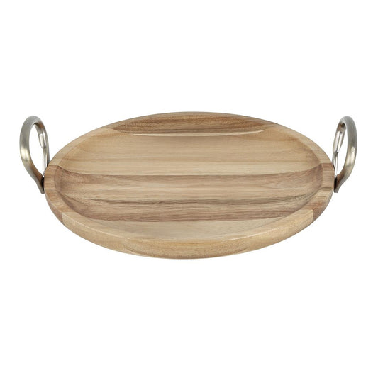 Olympia Round Dish Acacia Wood Metal Handles 345x305x80mm (345(L)x305(W)x80(H)mm | Material: Acacia Wood) • PAS-HX388