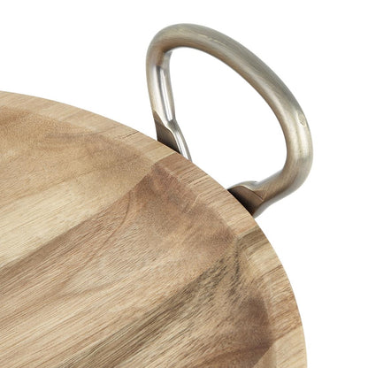 Olympia Round Dish Acacia Wood Metal Handles 345x305x80mm (345(L)x305(W)x80(H)mm | Material: Acacia Wood) • PAS-HX388