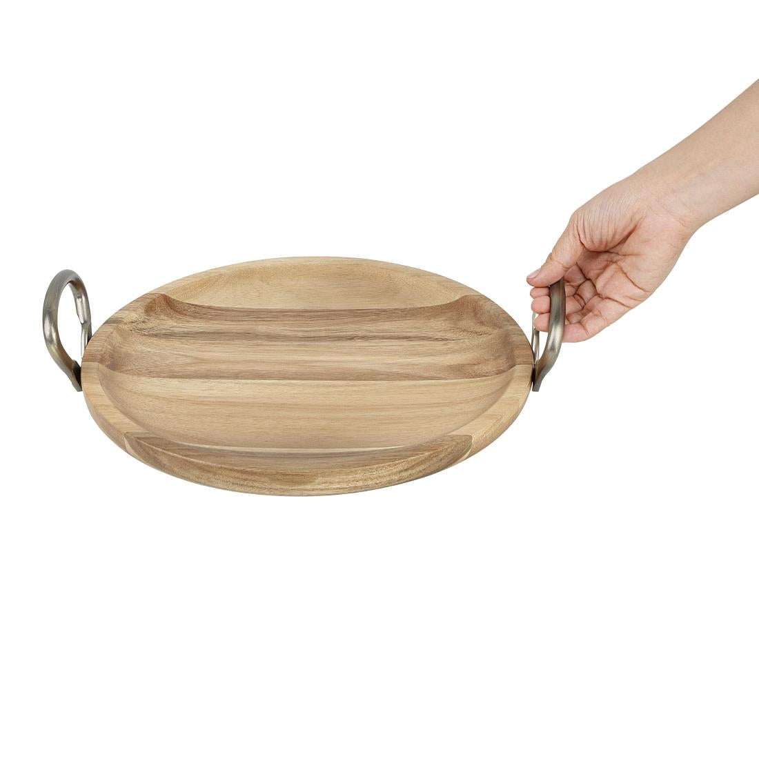 Olympia Round Dish Acacia Wood Metal Handles 345x305x80mm (345(L)x305(W)x80(H)mm | Material: Acacia Wood) • PAS-HX388