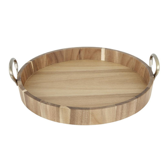 Olympia Round Tray Acacia Wood with Metal Handles 440x405x100mm (440(L)x405(W)x100(H)mm | Material: acacia wood) • PAS-HX393