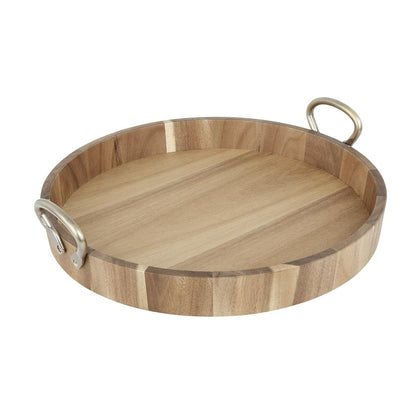 Olympia Round Tray Acacia Wood with Metal Handles 440x405x100mm (440(L)x405(W)x100(H)mm | Material: acacia wood) • PAS-HX393