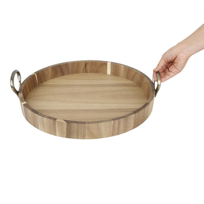 Olympia Round Tray Acacia Wood with Metal Handles 440x405x100mm (440(L)x405(W)x100(H)mm | Material: acacia wood) • PAS-HX393