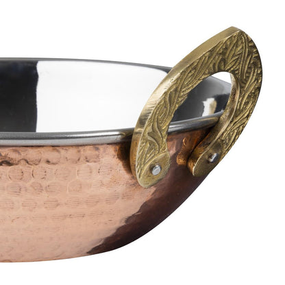 Olympia Copper Kadai Dish Stainless Steel Brass Handles 660ml (200(L)x164(W)x49(H)mm | 7 9/10(L)x6 2/5(W)x1 9/10(H)") • PAS-HY129