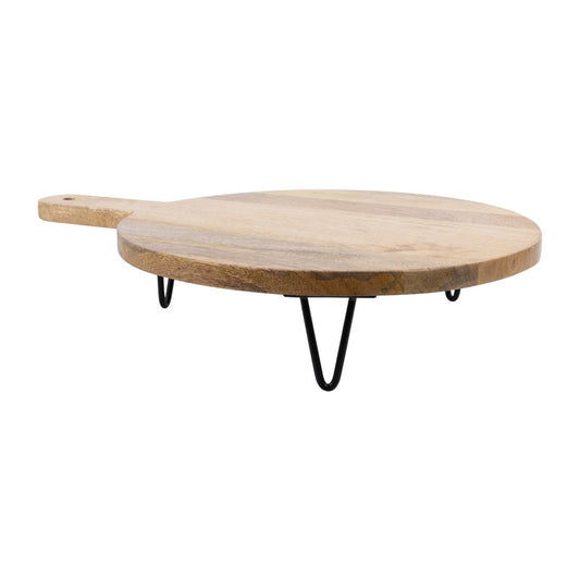 "Olympia Round Handled Display Stand Mango Wood with Metal Legs 400x300x80mm" (400(L)x300(W)x80(H)mm. Material: Mango wood) • PAS-HY754
