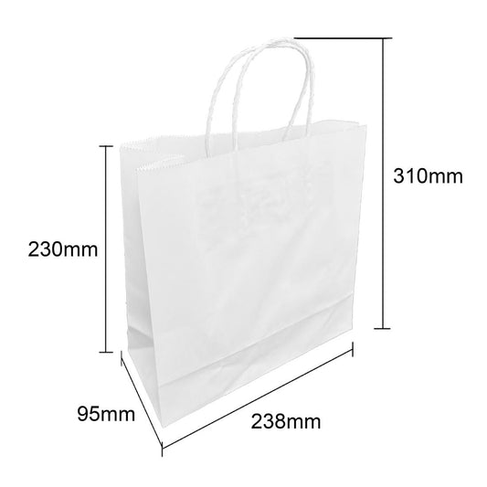 Fiesta Recyclable Twist Handle White Paper Bags Small (250 Pack) (Small | 230(H)x238(W)mm | Paper weight: 80gsm) • PAS-HY761