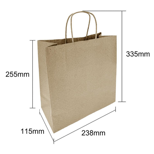 Fiesta Recyclable Twist Handle Brown Paper Bags Medium (250 Pack) (Medium | 255(H)x238(W)mm | Paper weight: 69gsm) • PAS-HY762