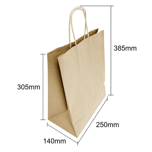 Fiesta Recyclable Twist Handle Brown Paper Bags Large (250 Pack) (Large | 305(H)x250(W)mm | Paper weight: 69gsm) • PAS-HY766