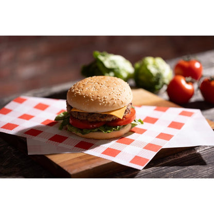 Fiesta Compostable Red Gingham Greaseproof Sheets 380x310mm (Pack 200) • PAS-HY782