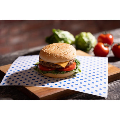 Fiesta Compostable Burger Wraps Blue Dot 250x300mm (200 Pack) (Grease-Resistant. 250(W)x300(L)mm) • PAS-HY783