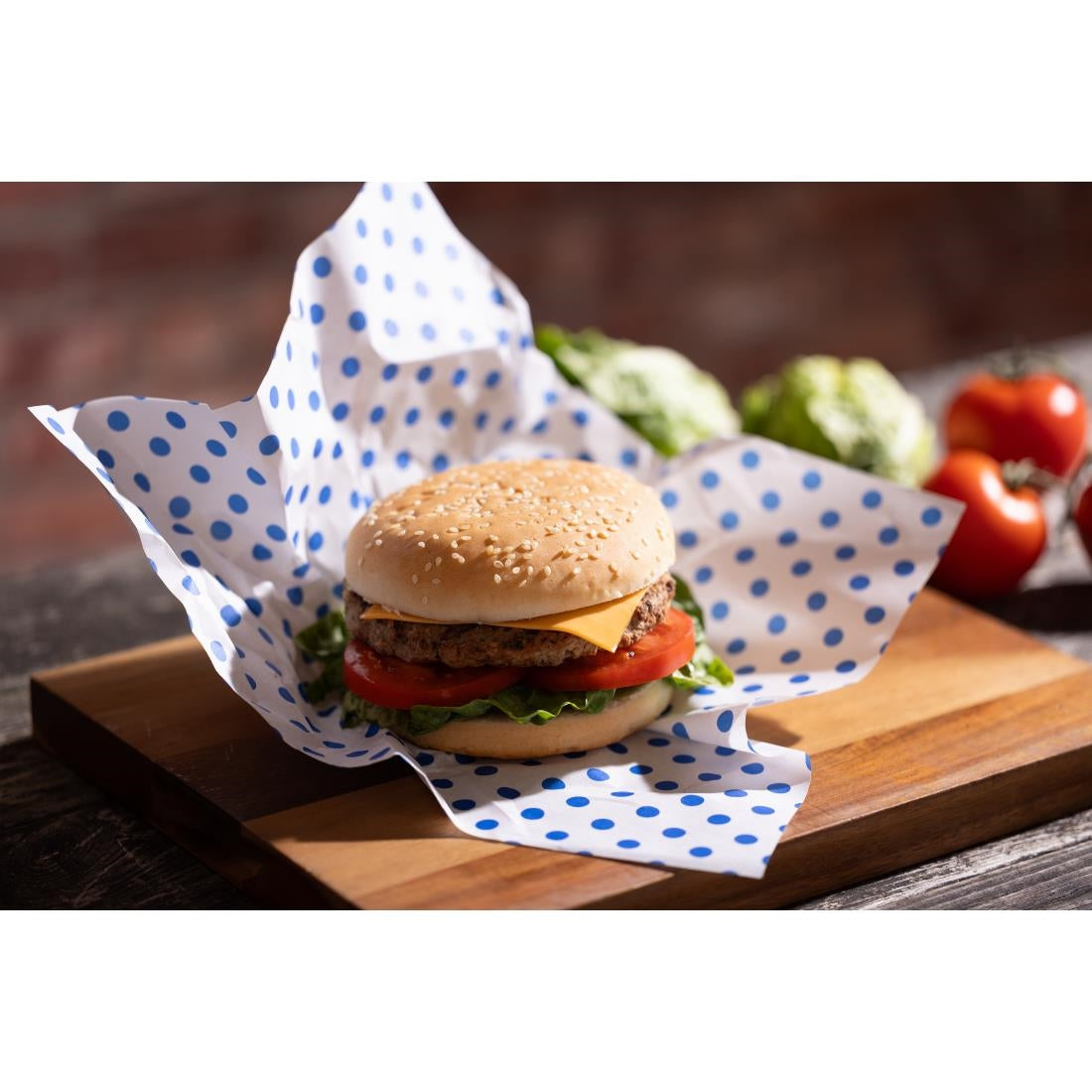 Fiesta Compostable Burger Wraps Blue Dot 250x300mm (200 Pack) (Grease-Resistant. 250(W)x300(L)mm) • PAS-HY783