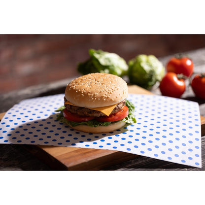 Fiesta Compostable Burger Wraps Blue Dot 250x350mm (200 Pack) (Grease-Resistant. 250(W)x350(L)mm) • PAS-HY792