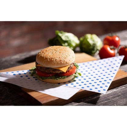 Fiesta Compostable Burger Wraps Blue Dot 250x350mm (200 Pack) (Grease-Resistant. 250(W)x350(L)mm) • PAS-HY792