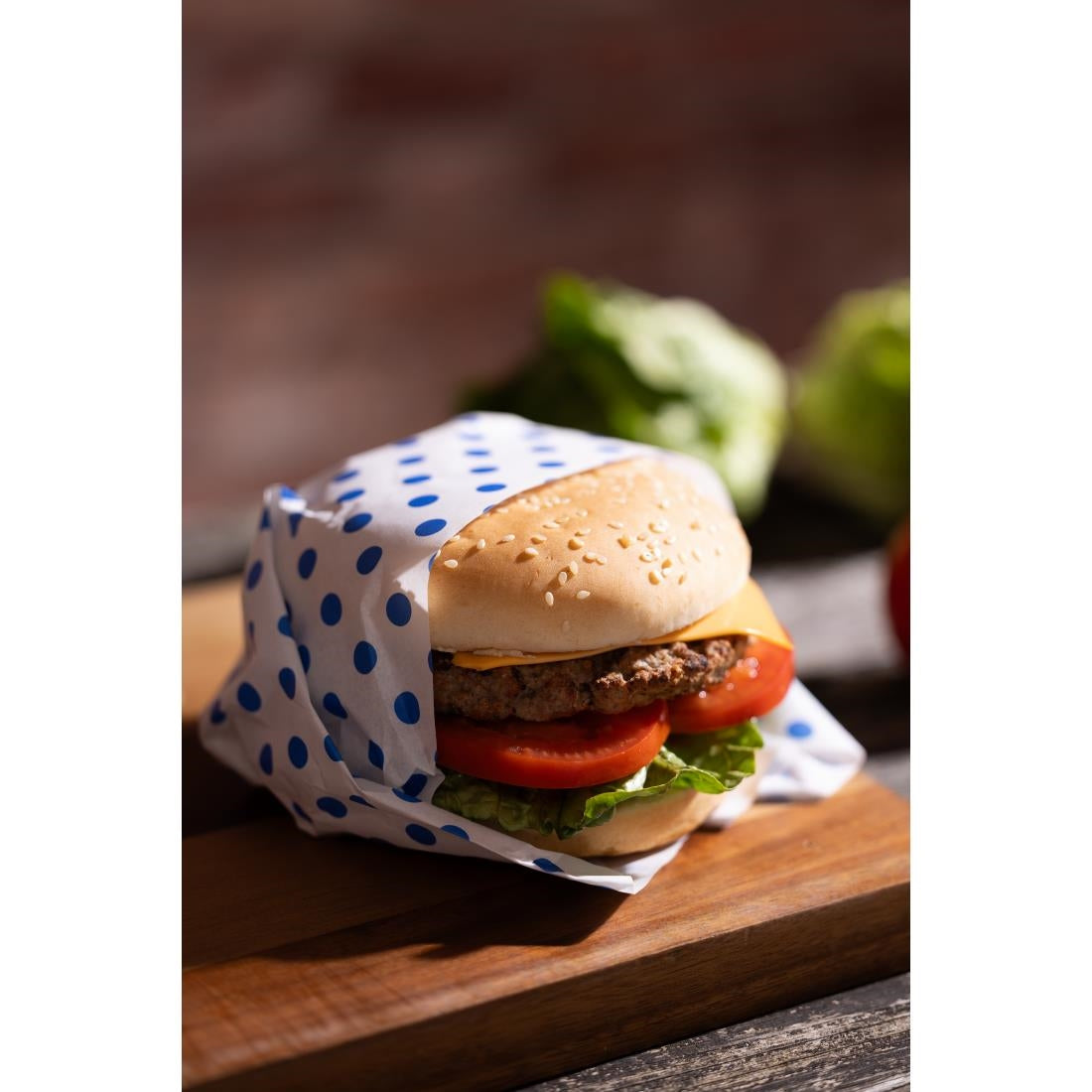 Fiesta Compostable Burger Wraps Blue Dot 250x350mm (200 Pack) (Grease-Resistant. 250(W)x350(L)mm) • PAS-HY792