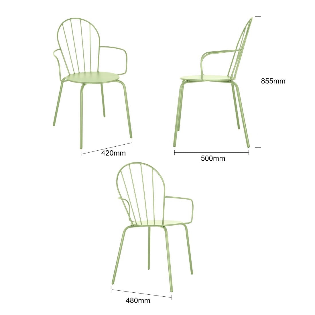 Bolero Adeline Arm Chair Light Green (4 Pack) (Light green . Powder-coated steel frame . 855(H)x588(W)x561(D)mm . Pack quantity: 4) • PAS-HZ360