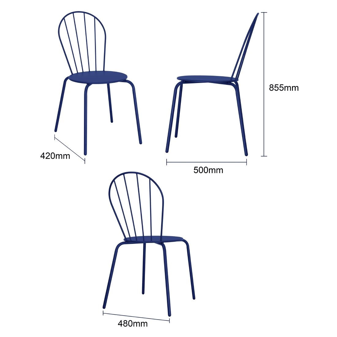 Bolero Adeline Side Chair Dark Navy (4 Pack) (Dark navy. Powder-coated steel frame. 855(H)x480(W)x558(D)mm. Pack quantity: 4) • PAS-HZ362