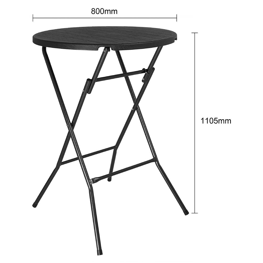 Bolero Folding HDPE Bar Table Wood Effect Black 800mm (Material: HDPE & powder-coated steel . 1100(H)x800(Ø)mm) • PAS-HZ892