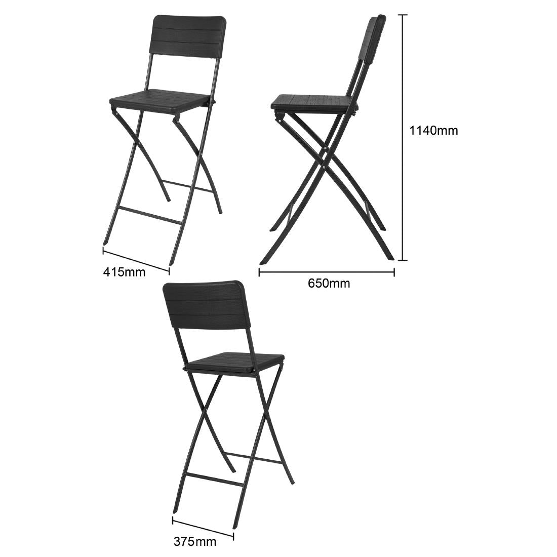Bolero Folding Bar Chairs Black Wood Effect (2 Pack) (Material: HDPE & Powder-Coated Steel | 1147(H)x650(W)x435(L)mm) • PAS-HZ893