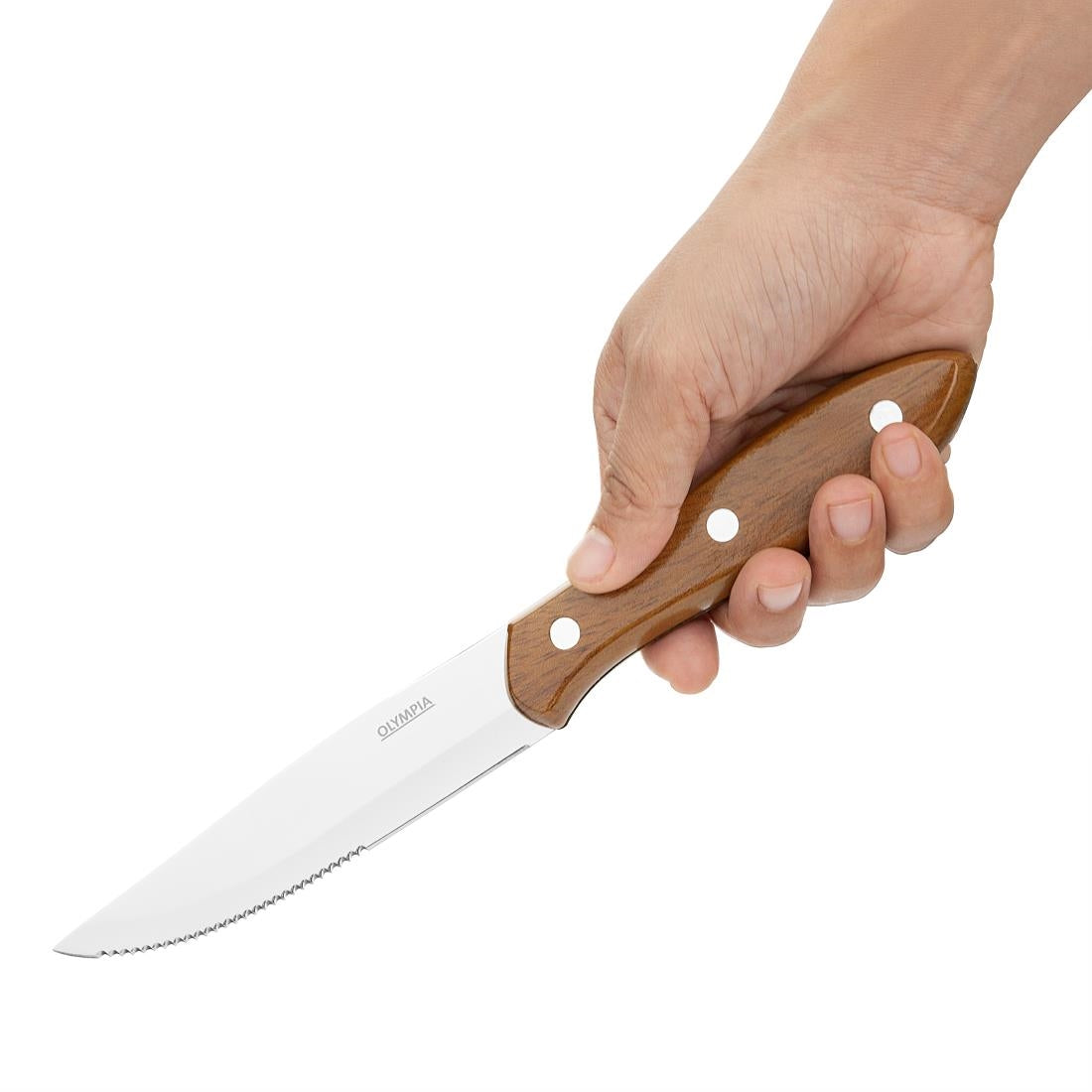 Olympia Jumbo Steak Knife PP Wood Effect Handle (12 Pack) (246(L)mm. Material: Stainless Steel & Polypropylene Handle. Pack Quantity: 12) • PAS-HZ973