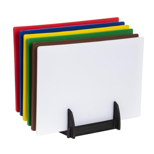 Hygiplas Low Density Set of 6 Chopping Boards with Rack - 450x300x10mm • PAS-FY329