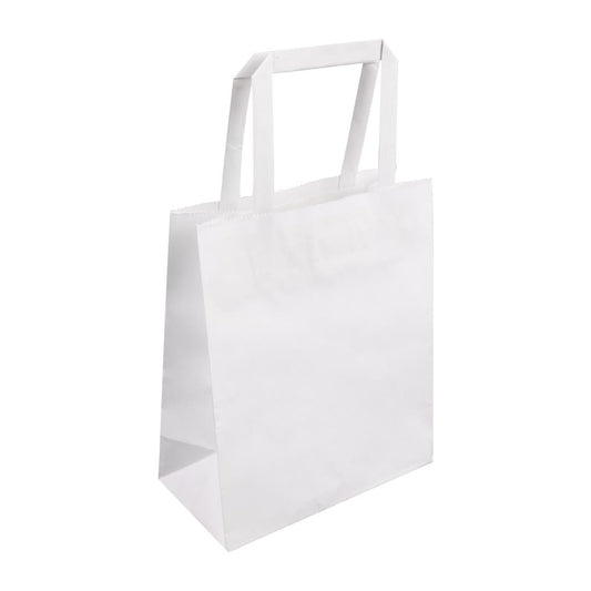 Fiesta Recyclable Flat Handle White Paper Bags Small (250 Pack) (210(H)x90(W)x177(L)mm. Pack Quantity: 250) • PAS-JA346