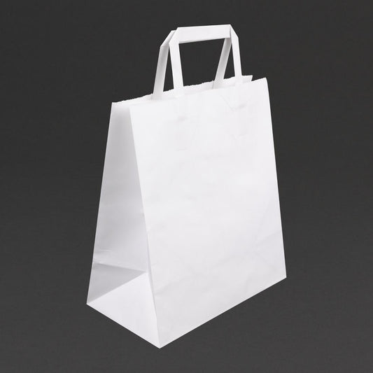 Fiesta Recyclable Flat Handle White Paper Bags Large (250 Pack) (248(H)x148(W)x248(L)mm. Pack Quantity: 250) • PAS-JA348