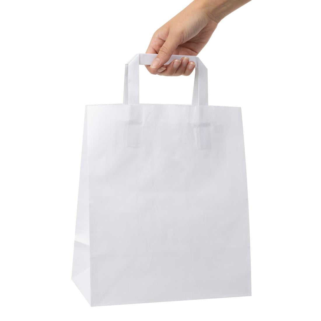 Fiesta Recyclable Flat Handle White Paper Bags Large (250 Pack) (248(H)x148(W)x248(L)mm. Pack Quantity: 250) • PAS-JA348