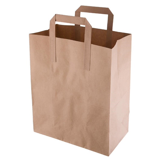 Fiesta Recyclable Flat Handle Brown Paper Bags Medium (250 Pack) (240(H)x107(W)x215(L)mm | Pack Quantity: 250) • PAS-JA528