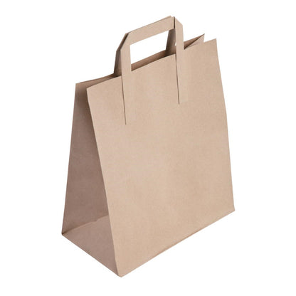 Fiesta Recyclable Flat Handle Brown Paper Bags Large (250 Pack) (248(H)x148(W)x248(L)mm | Pack Quantity: 250) • PAS-JA529
