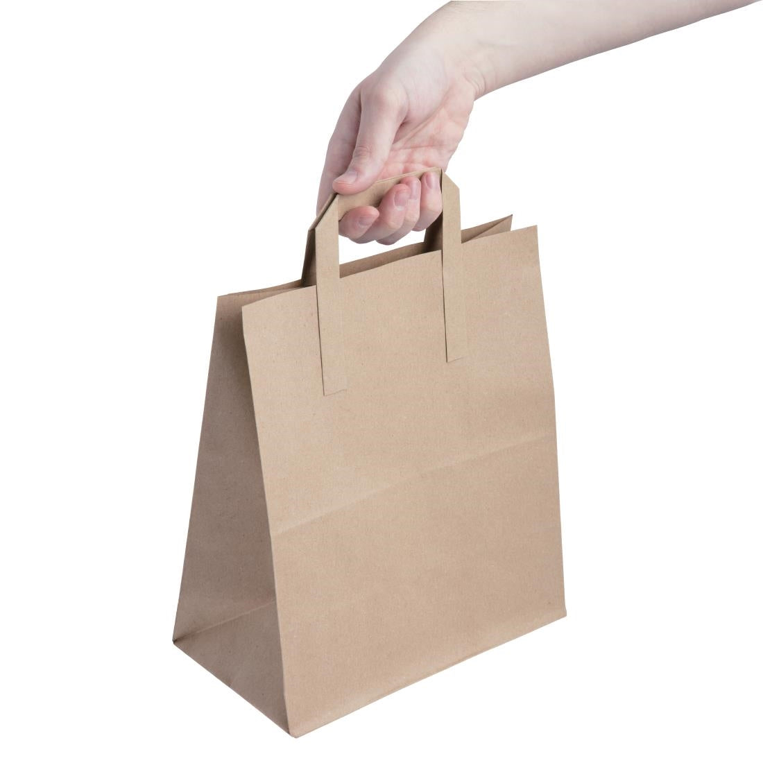 Fiesta Recyclable Flat Handle Brown Paper Bags Large (250 Pack) (248(H)x148(W)x248(L)mm | Pack Quantity: 250) • PAS-JA529