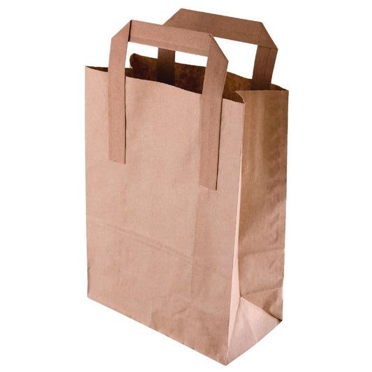 Fiesta Recyclable Flat Handle Brown Paper Bags Large (250 Pack) (248(H)x148(W)x248(L)mm | Pack Quantity: 250) • PAS-JA529