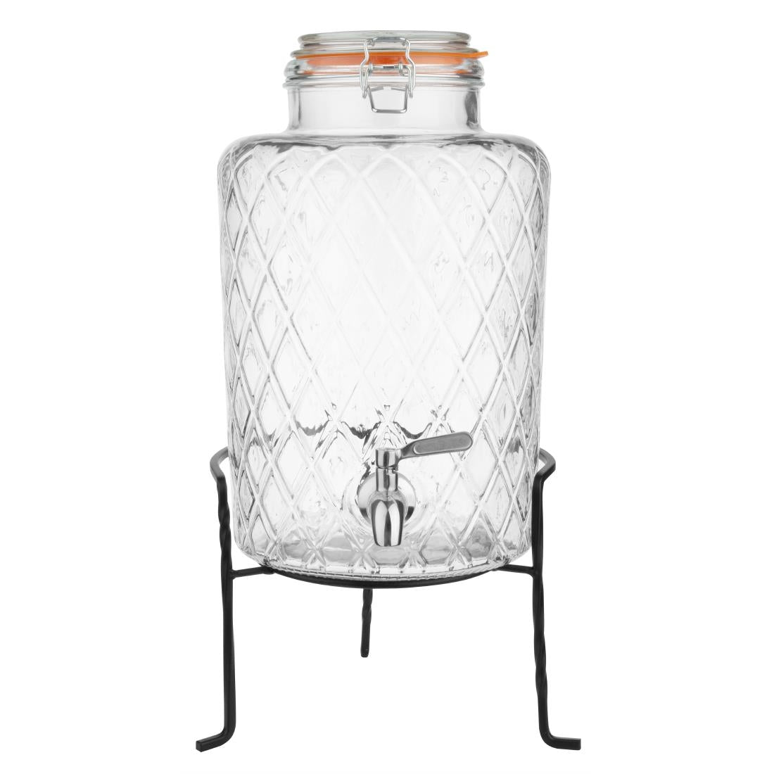 Olympia Geo Glass Clip-Top Drinks Dispenser with Wire Stand 8Ltr (330(H)x255(W)x210(D)mm. Material: Soda Lime Glass) • PAS-JB379