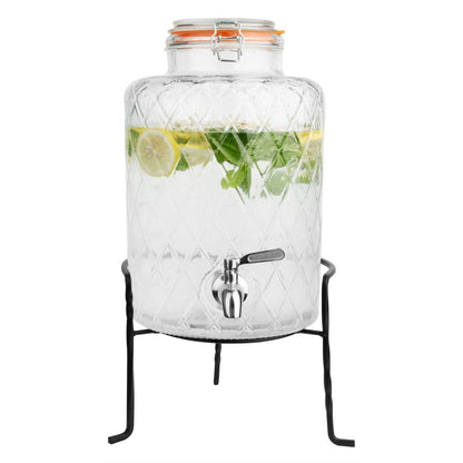 Olympia Geo Glass Clip-Top Drinks Dispenser with Wire Stand 8Ltr (330(H)x255(W)x210(D)mm. Material: Soda Lime Glass) • PAS-JB379